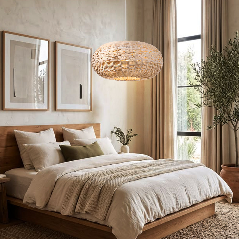 Oval Open-Weave Rattan Pendant Light for Bedroom