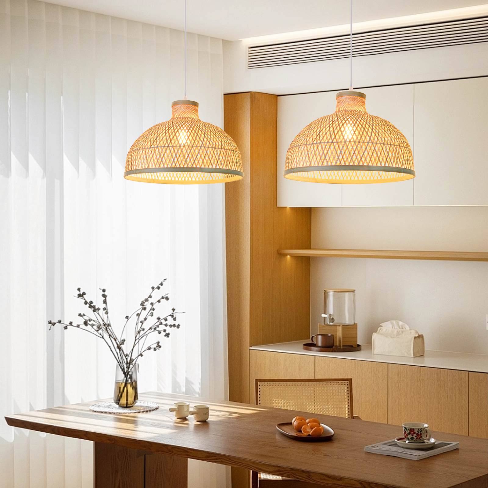 Japanese-Style Woven Dome Bamboo Pendant Light for Dining Tables