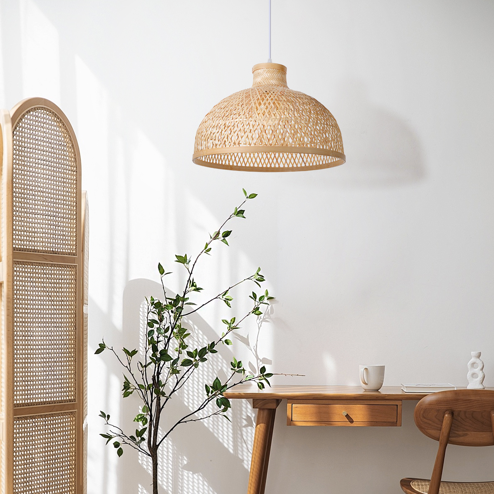 Japanese-Style Woven Dome Bamboo Pendant Light for Dining Tables