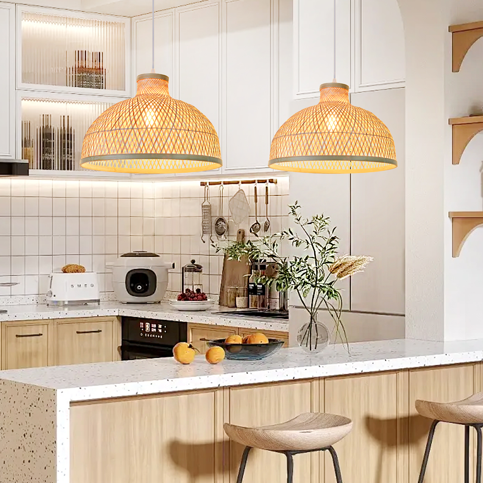 Japanese-Style Woven Dome Bamboo Pendant Light for Dining Tables