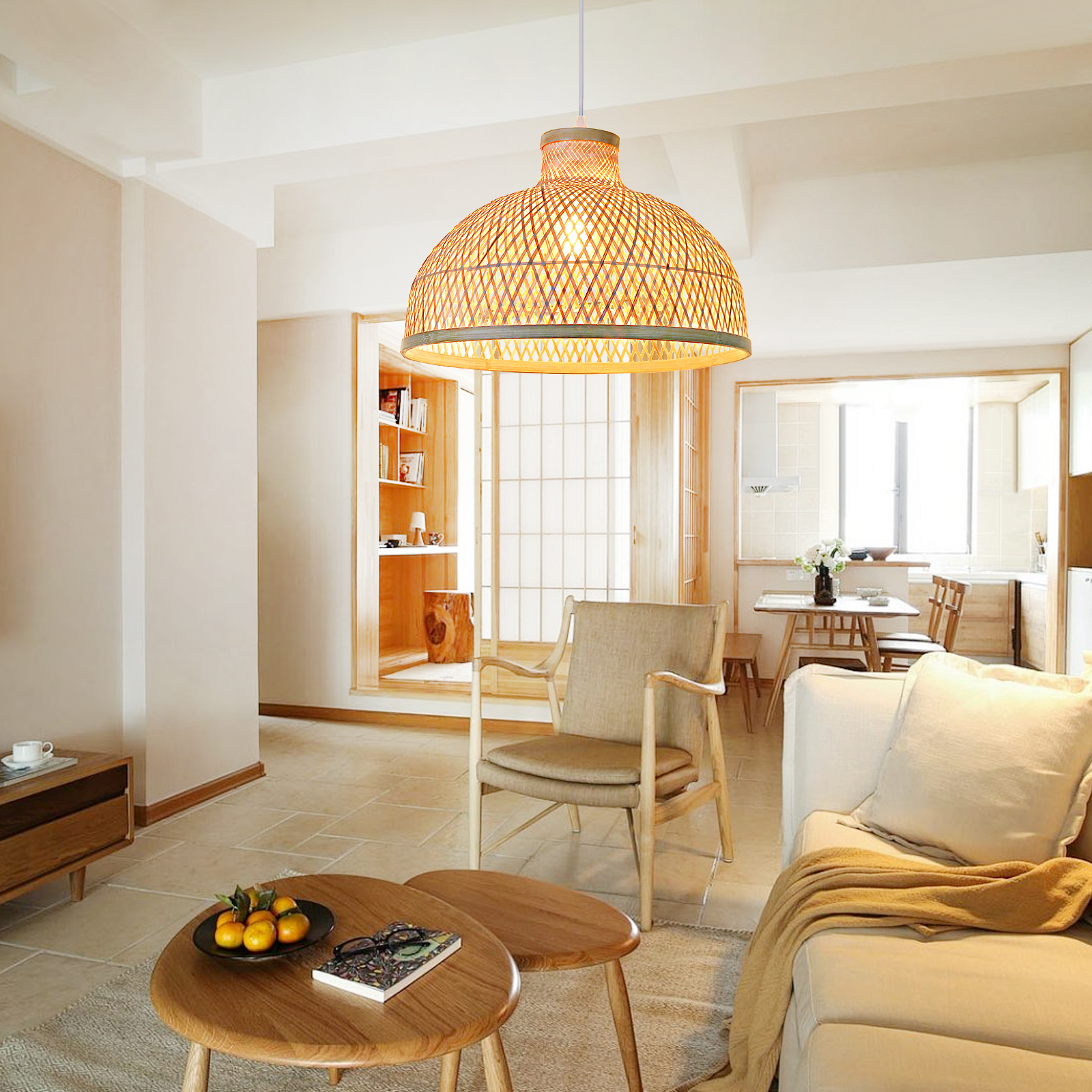 Japanese-Style Woven Dome Bamboo Pendant Light for Dining Tables