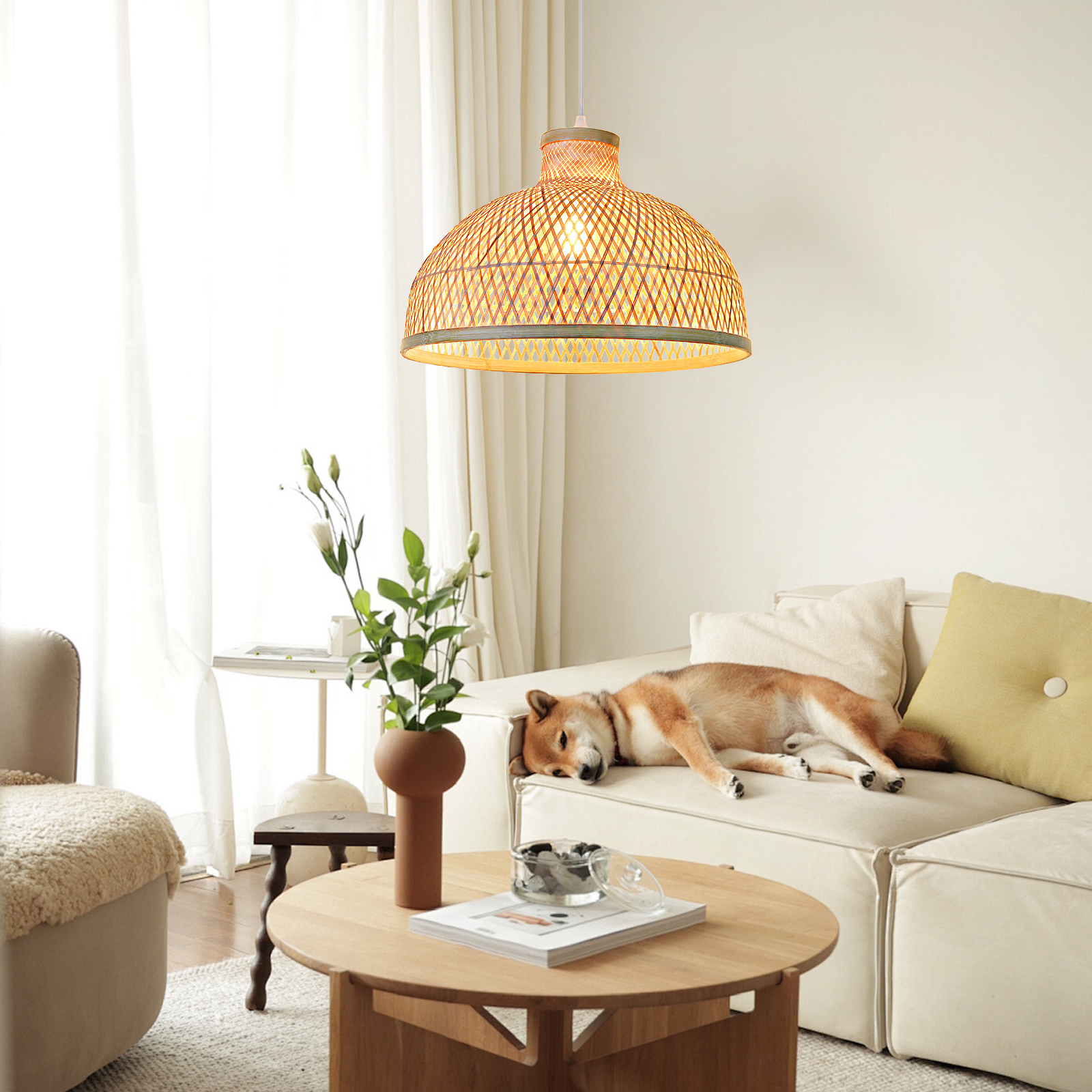 Japanese-Style Woven Dome Bamboo Pendant Light for Dining Tables