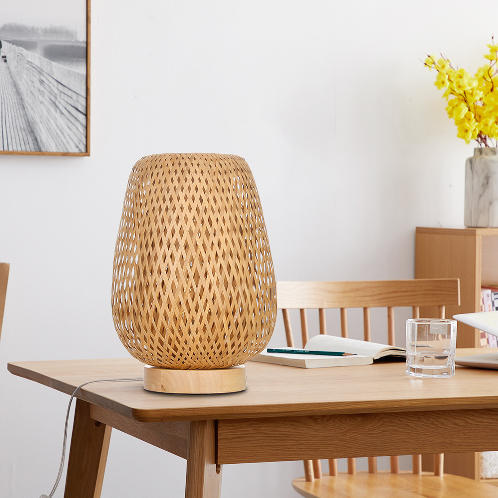 LED Desk Lamp Contemporary Reading Light Bamboo Wood Bedside Table Lamps