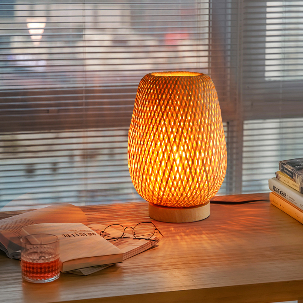 LED Desk Lamp Contemporary Reading Light Bamboo Wood Bedside Table Lamps