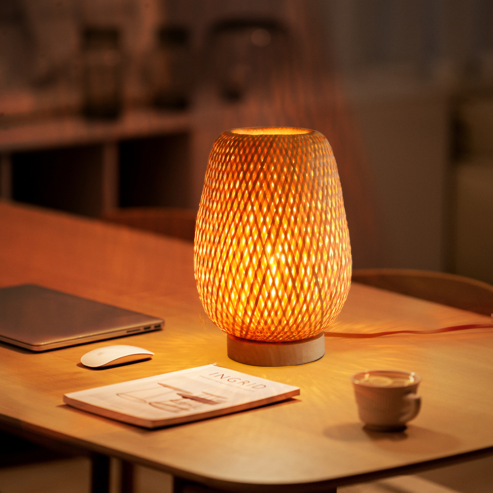 LED Desk Lamp Contemporary Reading Light Bamboo Wood Bedside Table Lamps