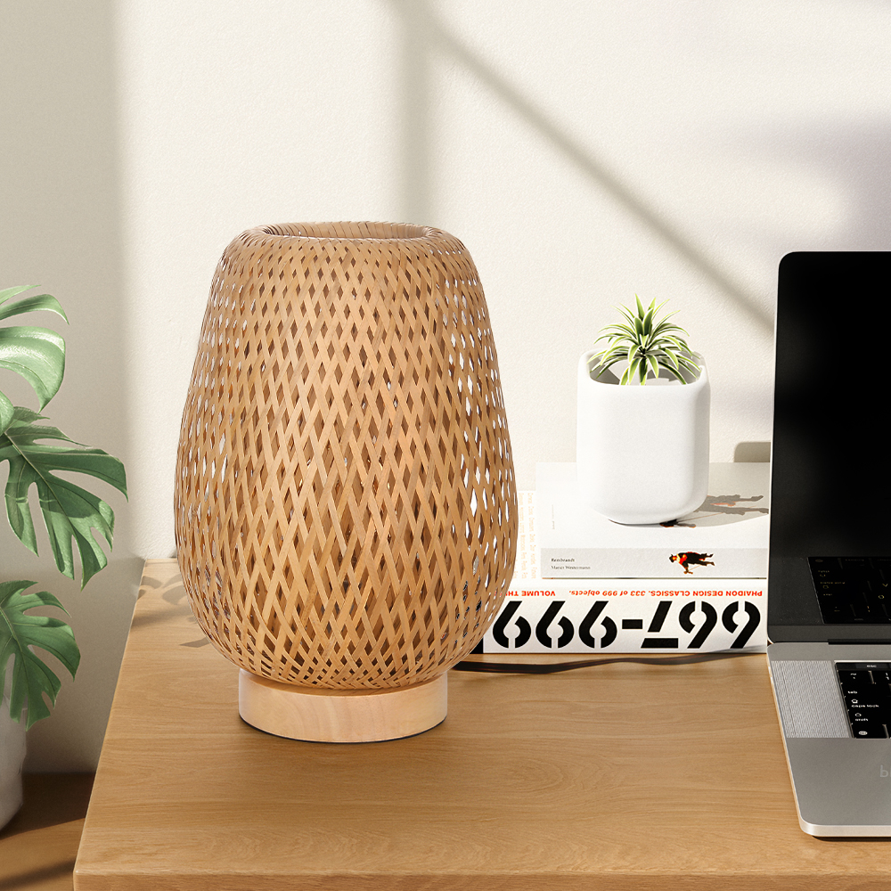LED Desk Lamp Contemporary Reading Light Bamboo Wood Bedside Table Lamps