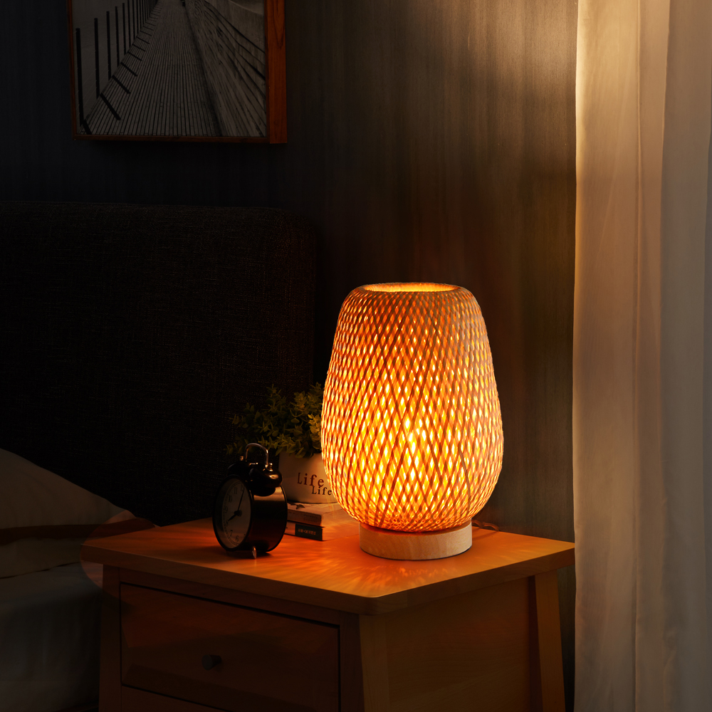 LED Desk Lamp Contemporary Reading Light Bamboo Wood Bedside Table Lamps