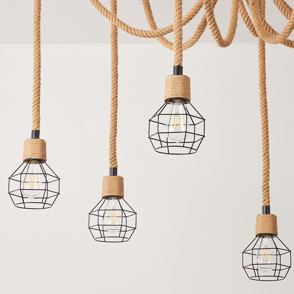 Spherical Cage Rope 8-Lights Brown Pendant Lighting Fixture