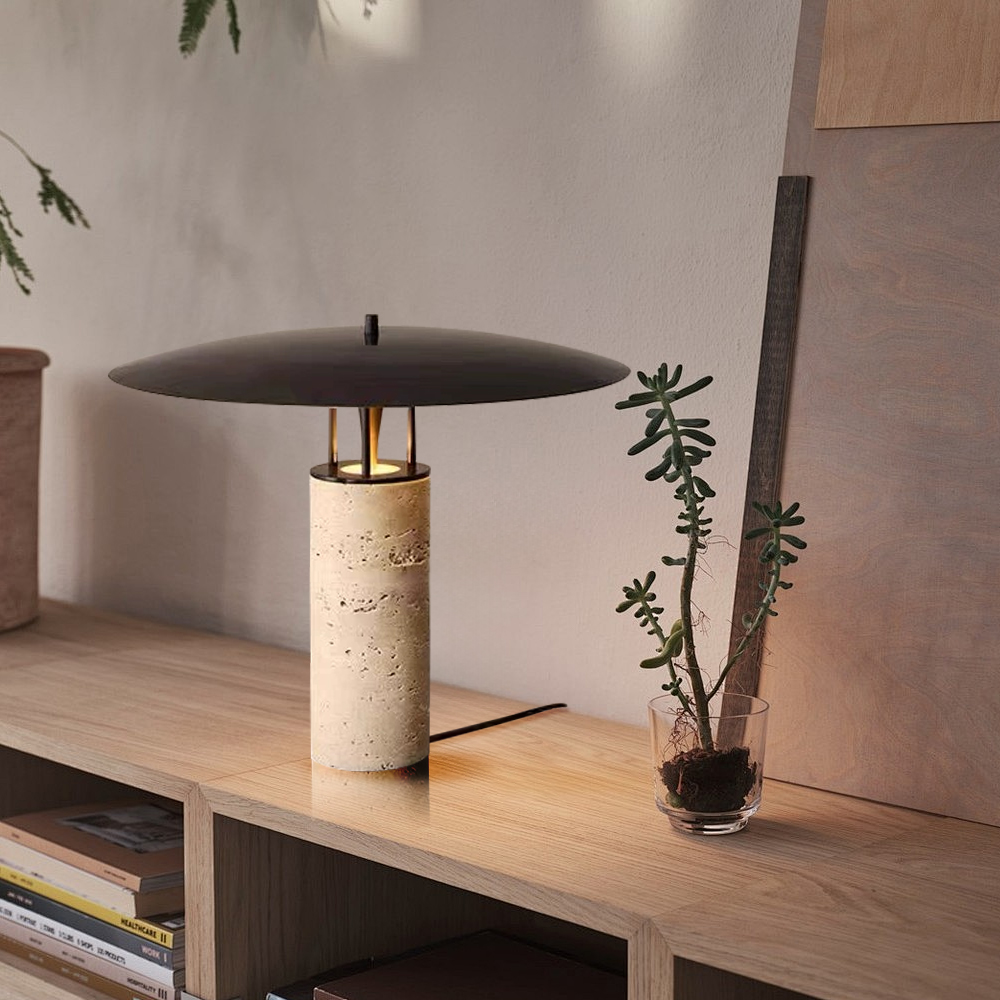 Black Metal Table Lamp Travertine Body Desk Light for Living Room Bedroom