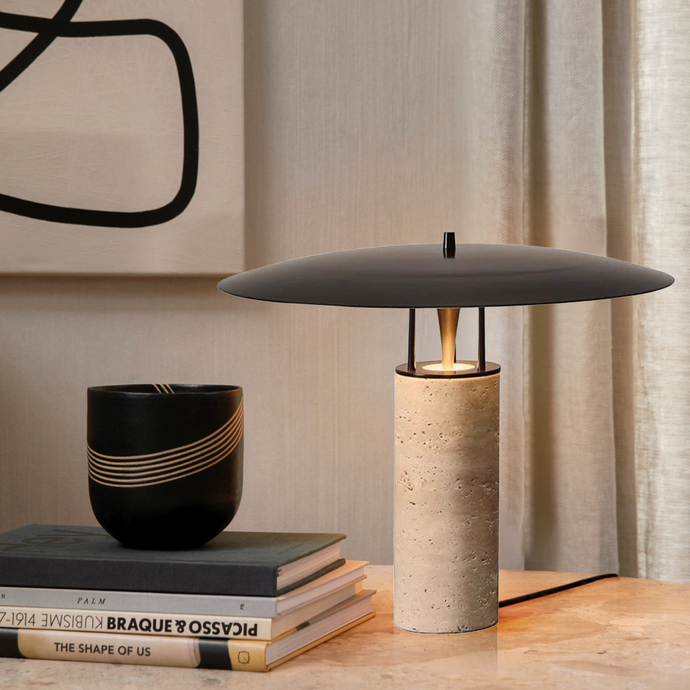 Black Metal Table Lamp Travertine Body Desk Light for Living Room Bedroom