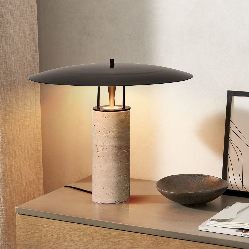 Black Metal Table Lamp Travertine Body Desk Light for Living Room Bedroom