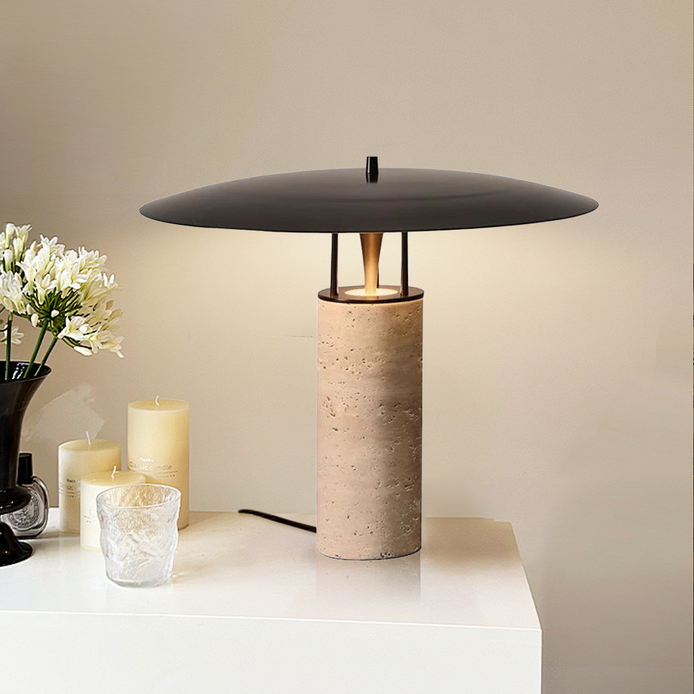 Black Metal Table Lamp Travertine Body Desk Light for Living Room Bedroom