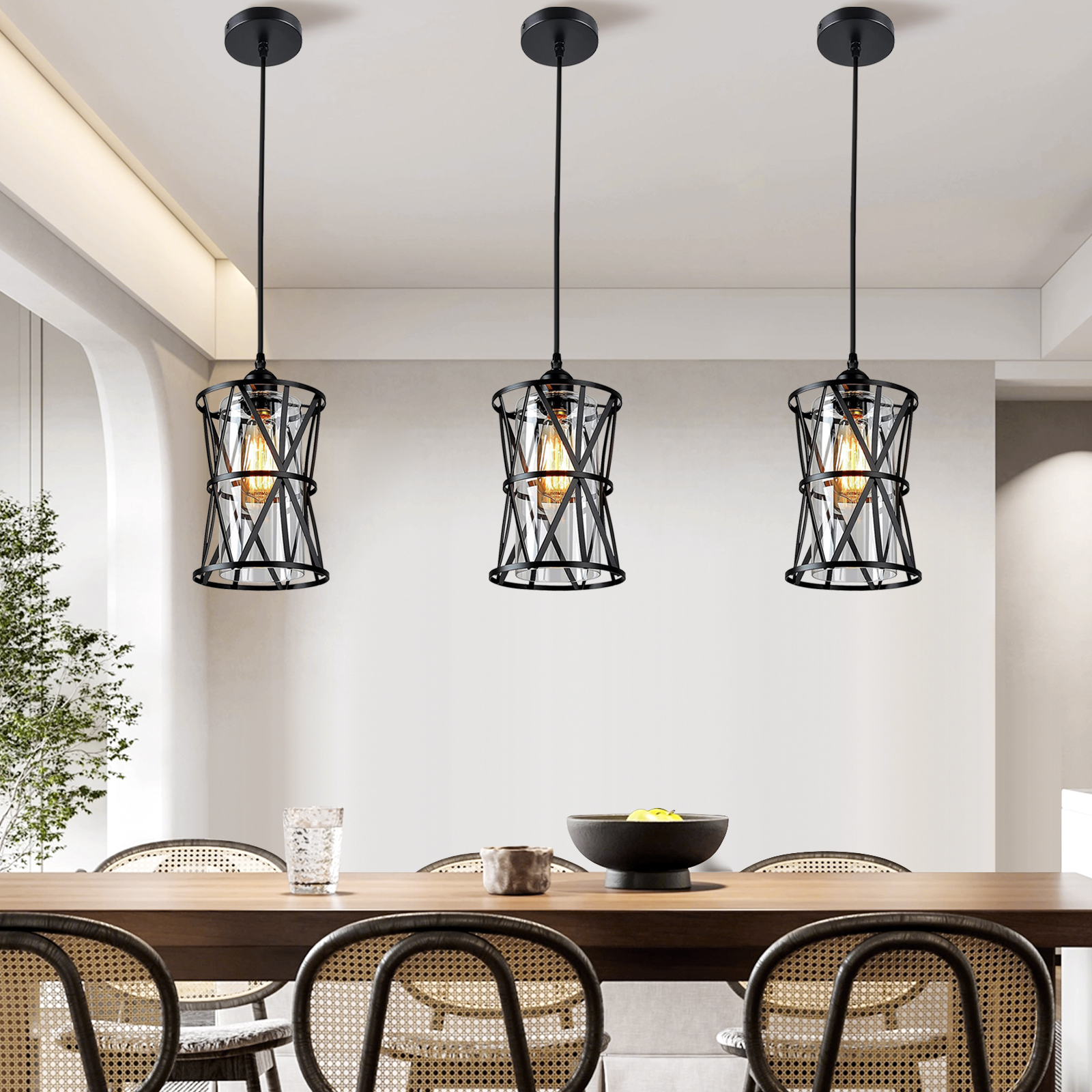 Minimalist Glass Ceiling Light Black Metal Pendant Light for Dining Room