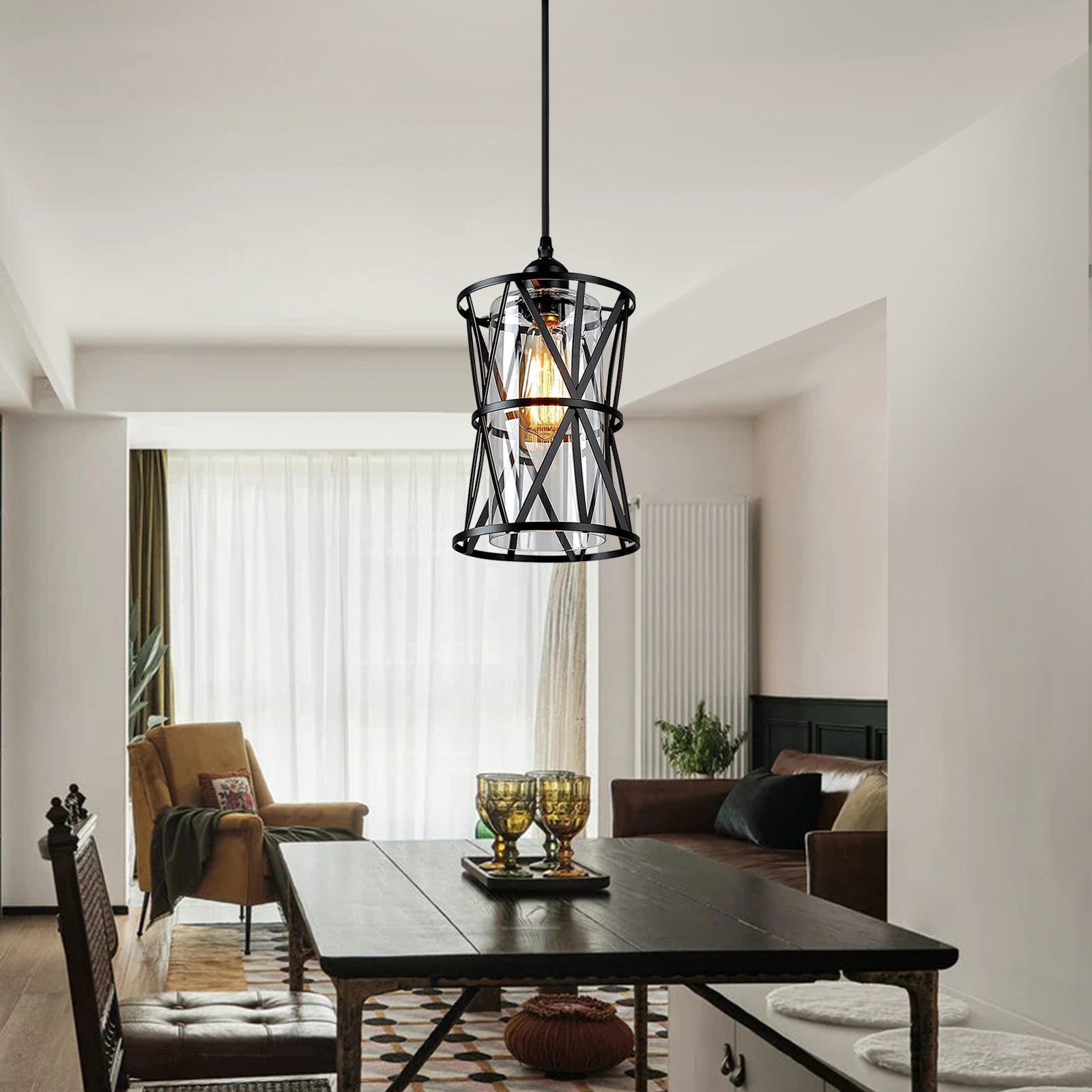 Minimalist Glass Ceiling Light Black Metal Pendant Light for Dining Room