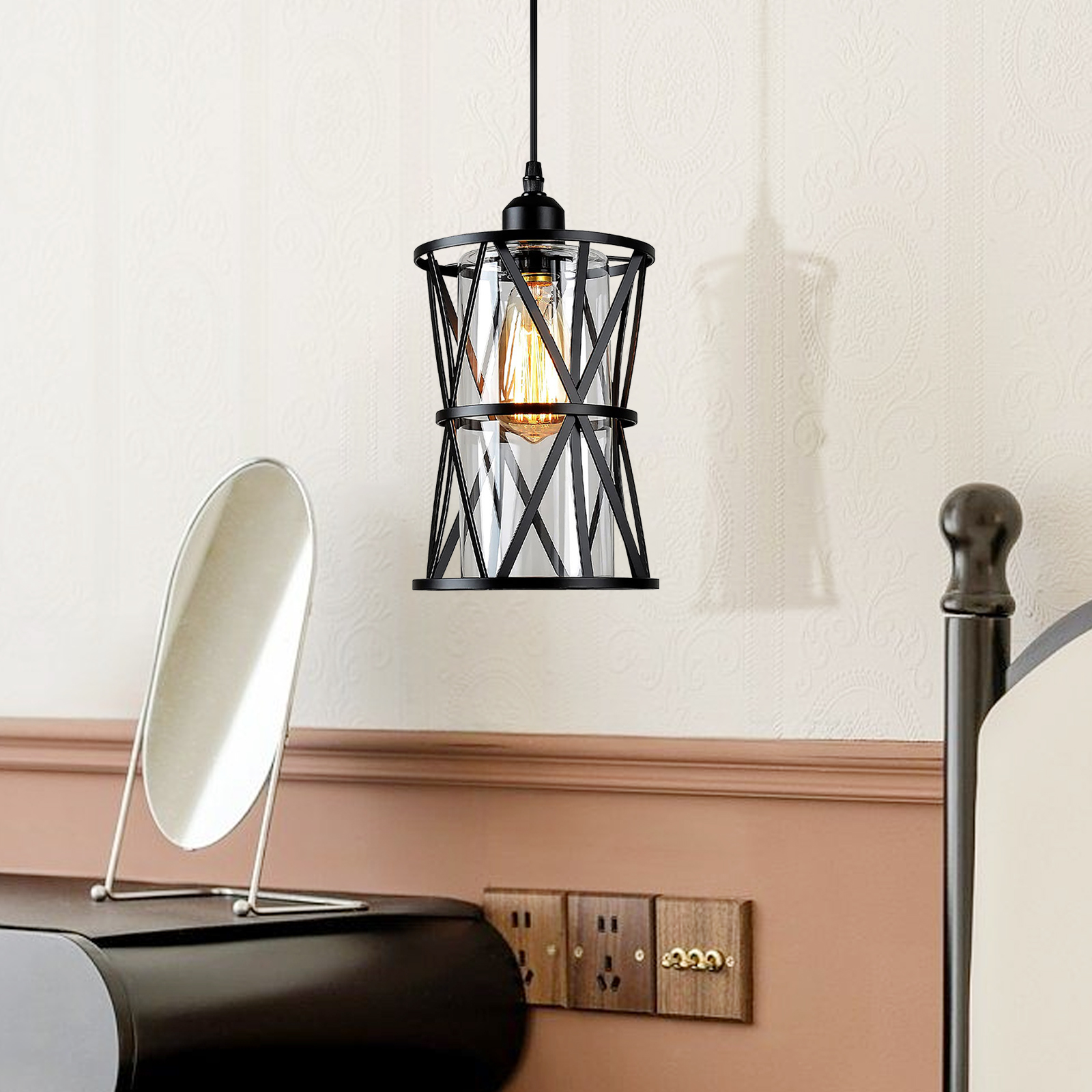 Minimalist Glass Ceiling Light Black Metal Pendant Light for Dining Room