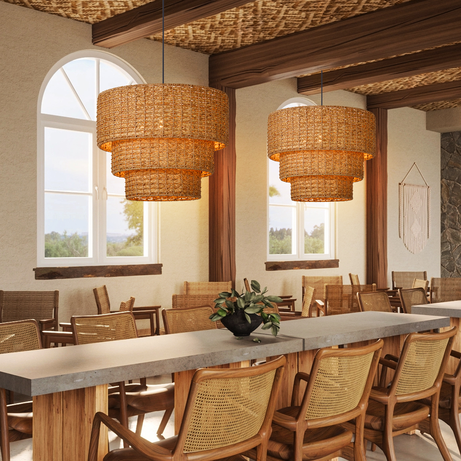 Handwoven 3-tier Seagrass Chandelier Modern Hanging Ceiling Light Fixture for Living Room