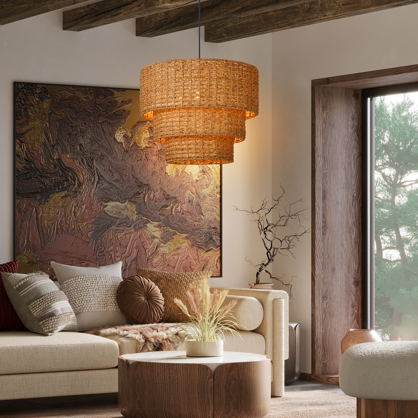 Handwoven 3-tier Seagrass Chandelier Modern Hanging Ceiling Light Fixture for Living Room