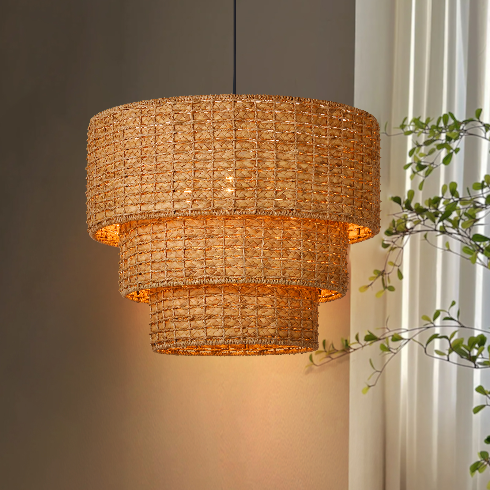 Handwoven 3-tier Seagrass Chandelier Modern Hanging Ceiling Light Fixture for Living Room
