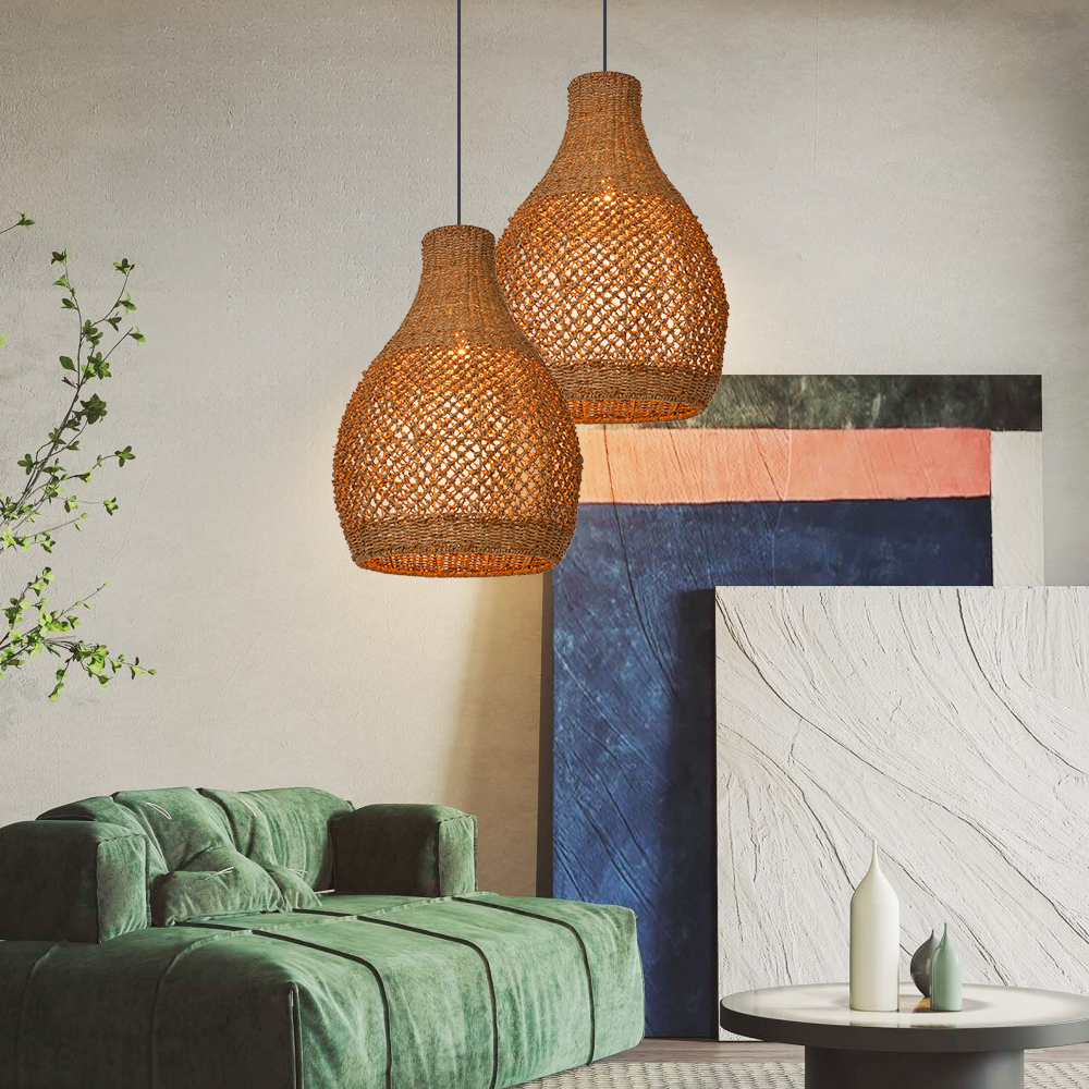 Bedroom Seagrass Hanging Light Fixture Boho Wicker Chandeliers for Dining Room Hallways