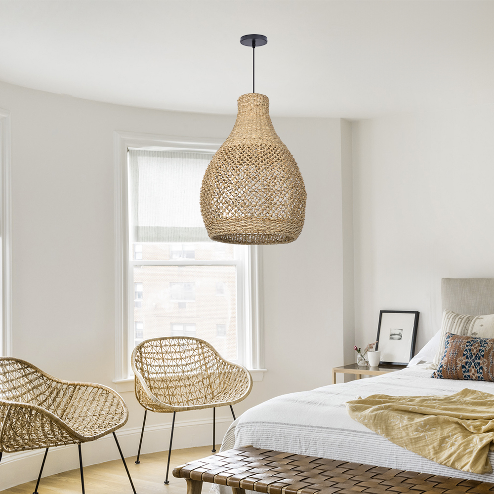 Bedroom Seagrass Hanging Light Fixture Boho Wicker Chandeliers for Dining Room Hallways