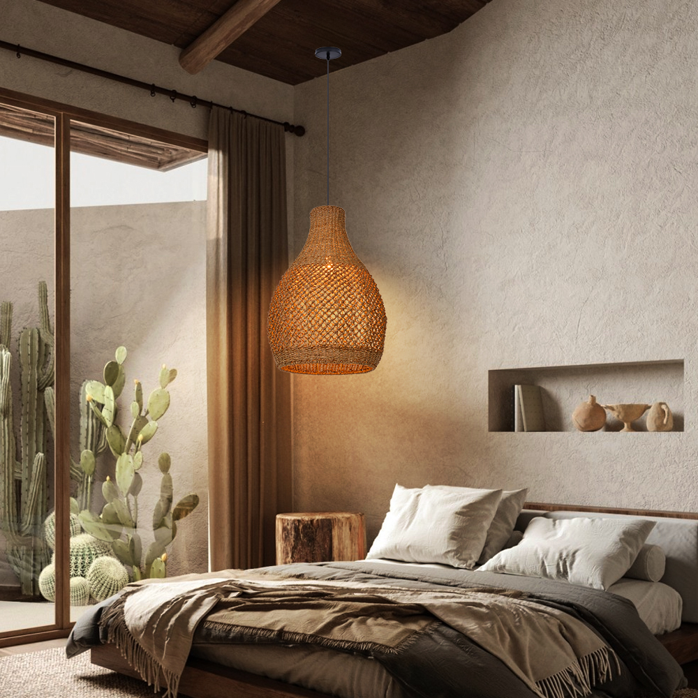 Bedroom Seagrass Hanging Light Fixture Boho Wicker Chandeliers for Dining Room Hallways