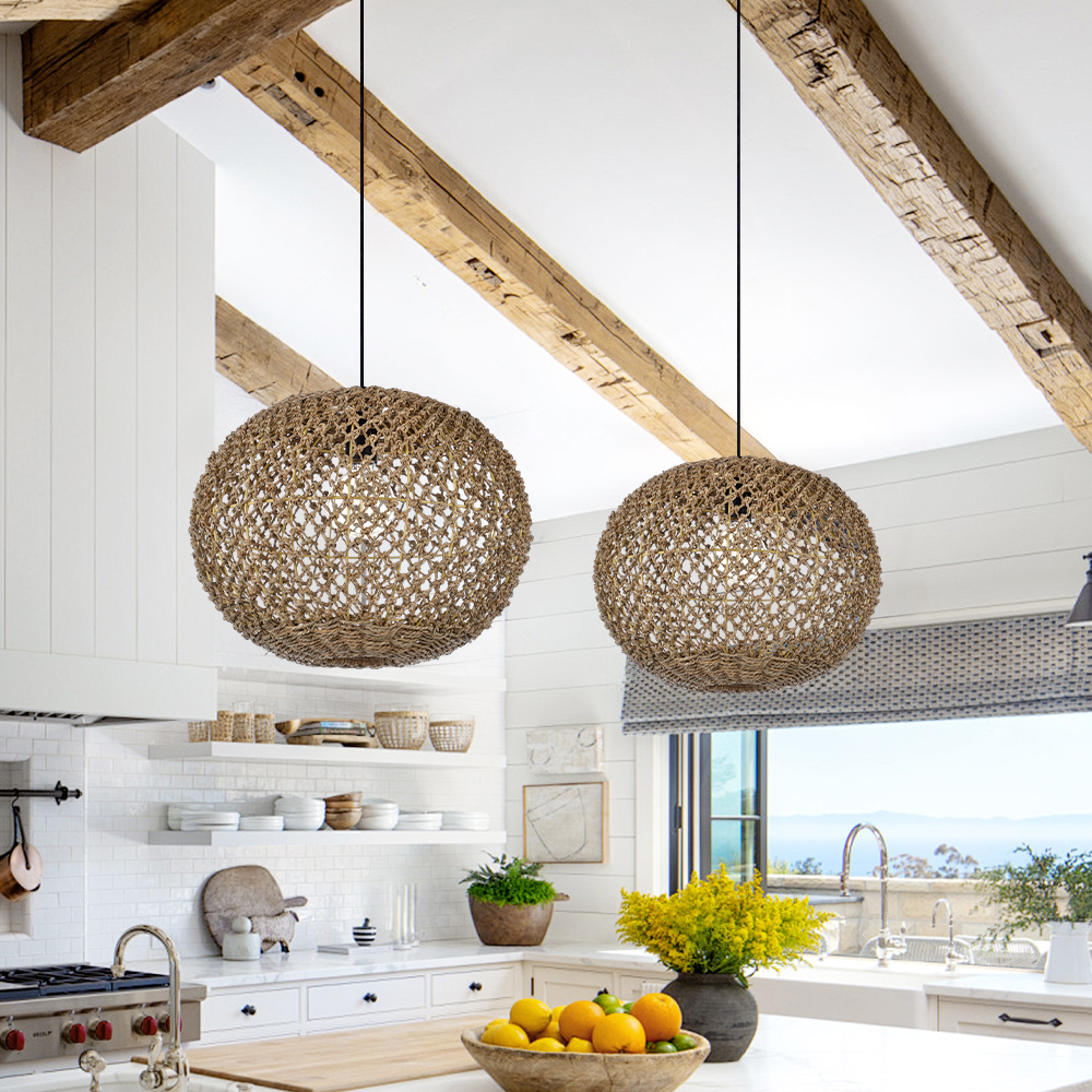 Round Ceiling Lamp Natural Home Decor Seagrass Pendant Light Shade