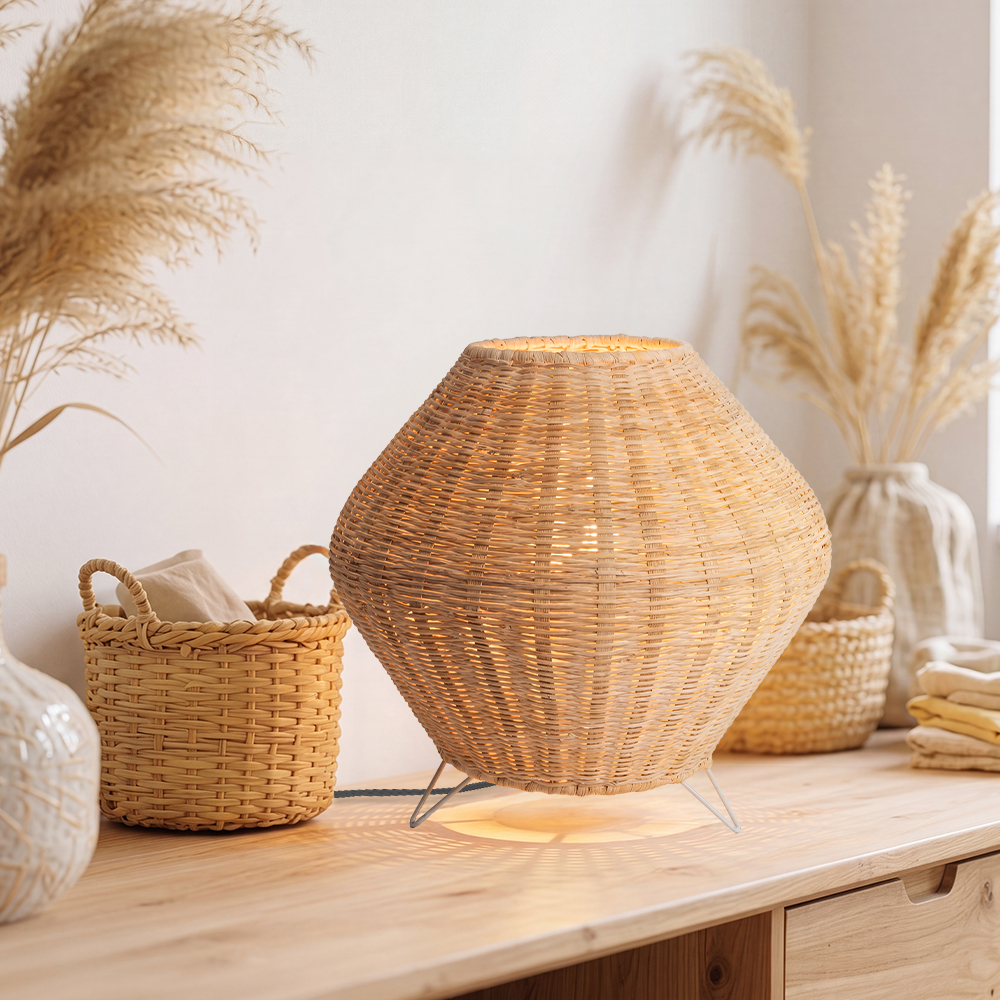 Bedside Table Lamp Boho Rustic Plug-In Rattan Woven Basket Desk Light