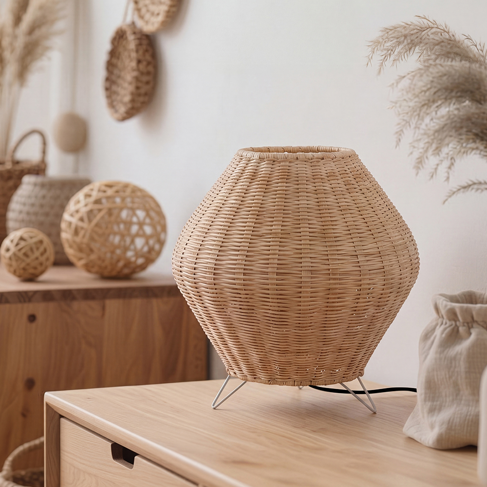 Bedside Table Lamp Boho Rustic Plug-In Rattan Woven Basket Desk Light