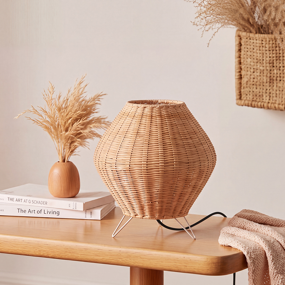Bedside Table Lamp Boho Rustic Plug-In Rattan Woven Basket Desk Light