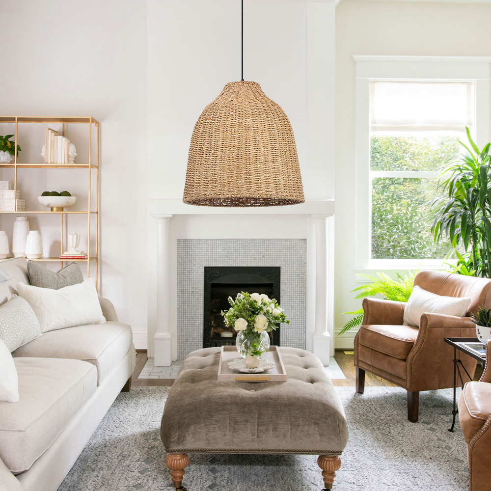 Handwoven Straw Rattan Pendant Light for Kitchen Island