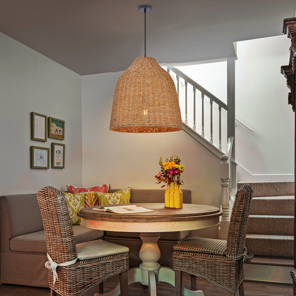 Handwoven Straw Rattan Pendant Light for Kitchen Island