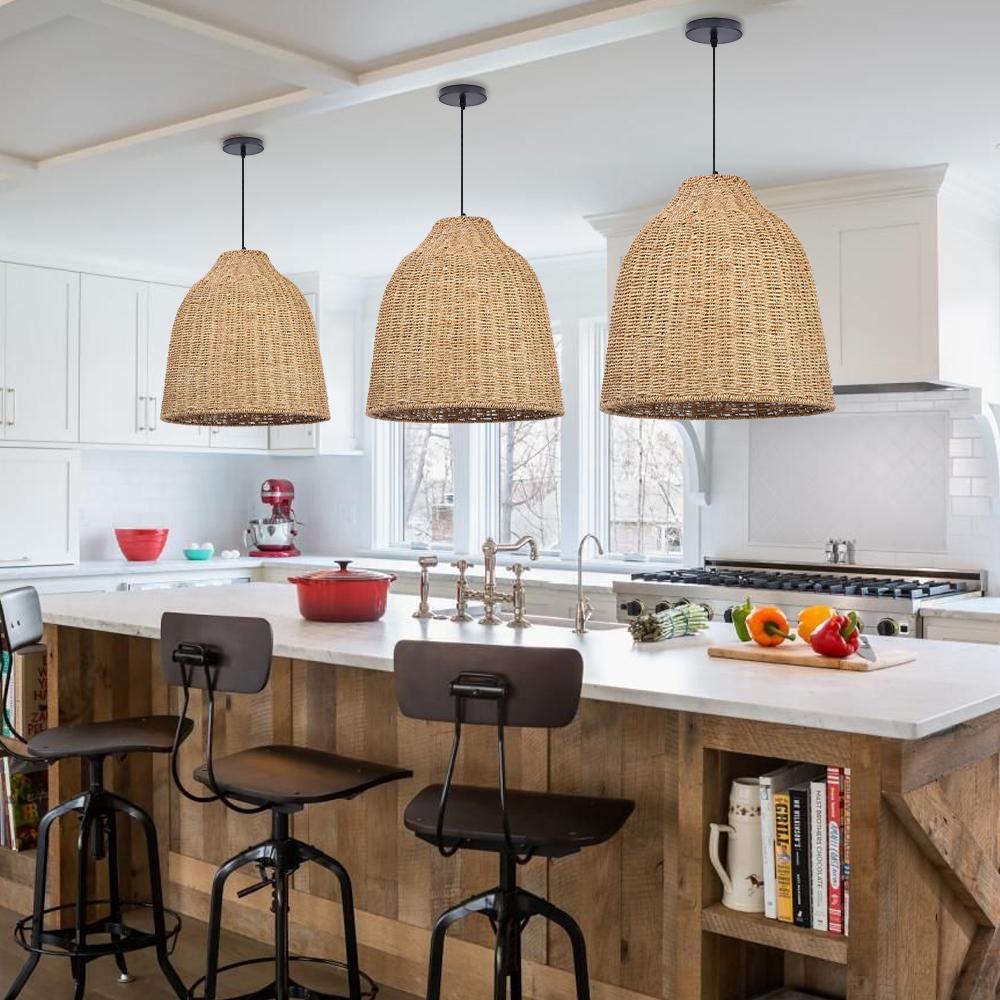 Handwoven Straw Rattan Pendant Light for Kitchen Island