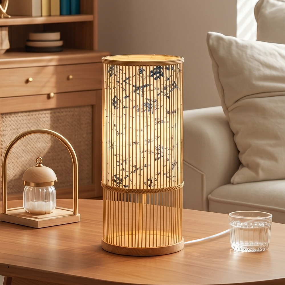 Hand Woven Bamboo Table Lamp Japandi Bedside Lamp with Warm Ambient Light