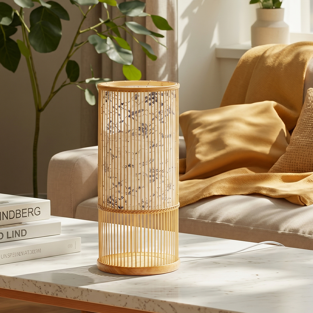 Hand Woven Bamboo Table Lamp Japandi Bedside Lamp with Warm Ambient Light