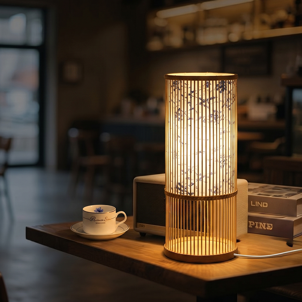 Hand Woven Bamboo Table Lamp Japandi Bedside Lamp with Warm Ambient Light