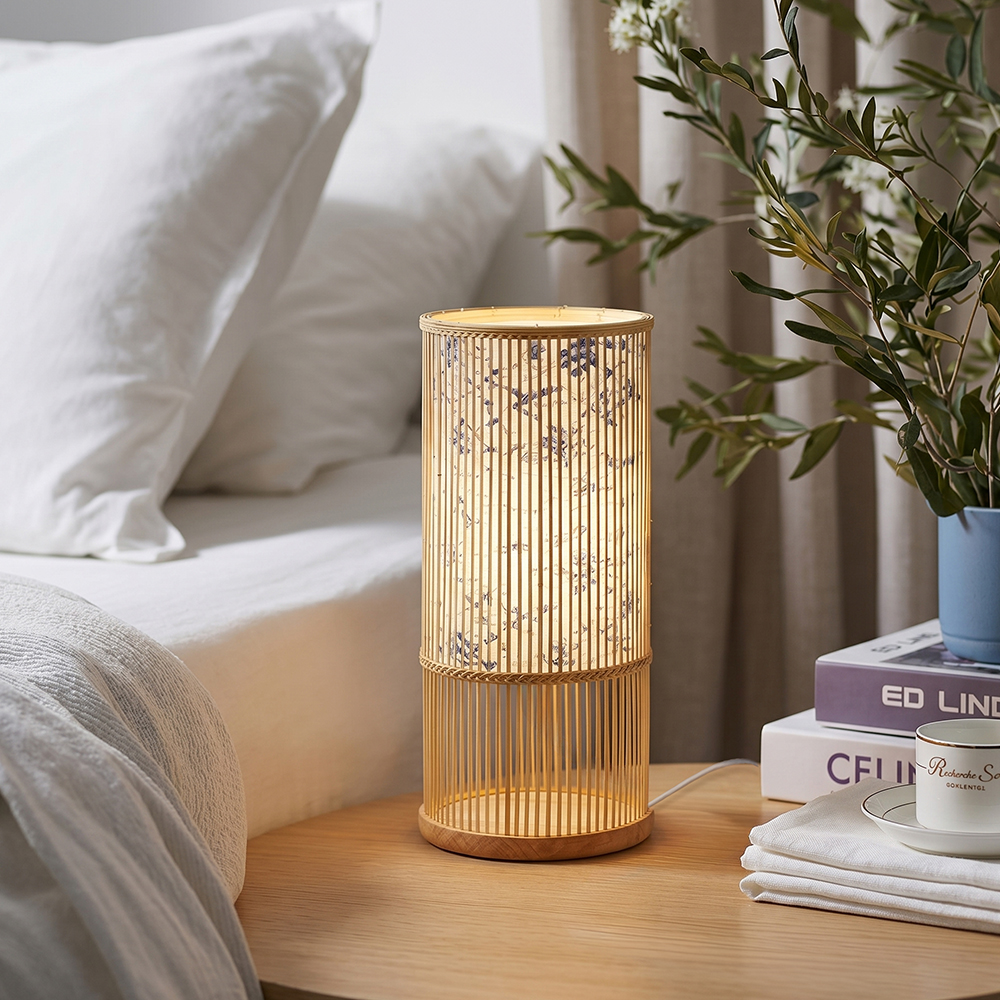 Hand Woven Bamboo Table Lamp Japandi Bedside Lamp with Warm Ambient Light