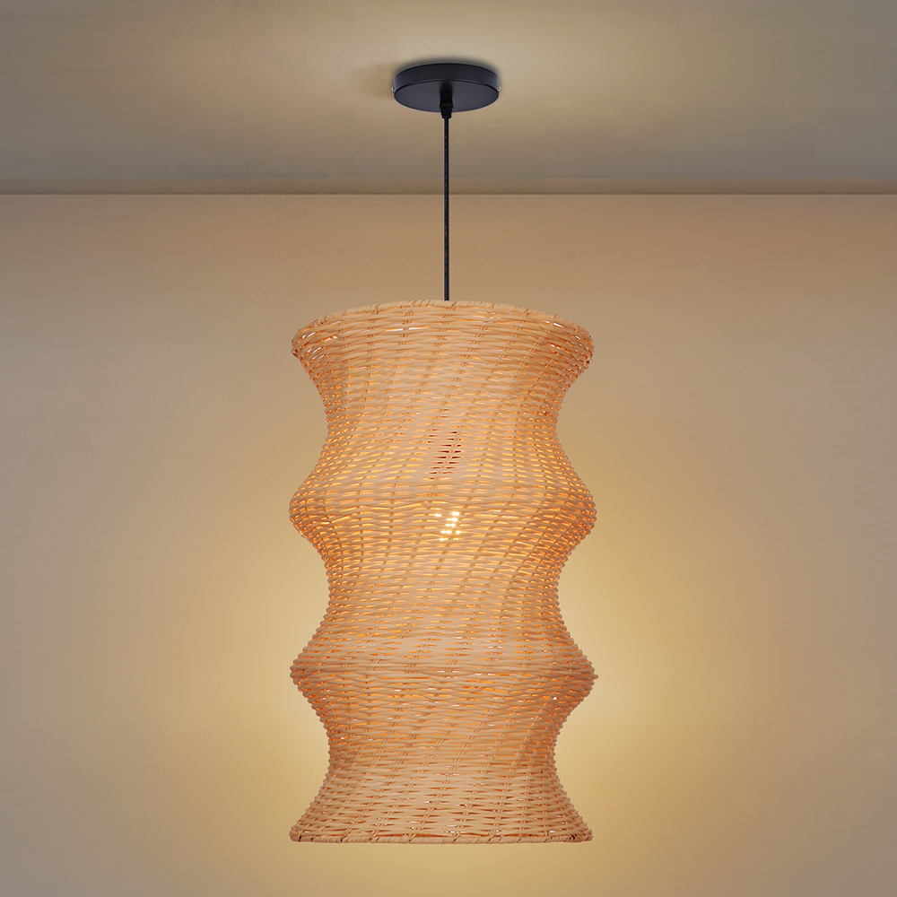 Natural Woven Rattan Wave Pendant Light Curved Wabi-sabi Hanging Lamp