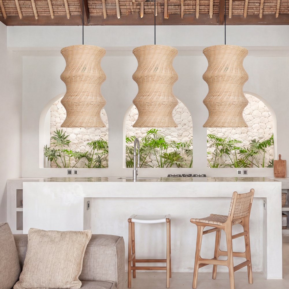 Natural Woven Rattan Wave Pendant Light Curved Wabi-sabi Hanging Lamp