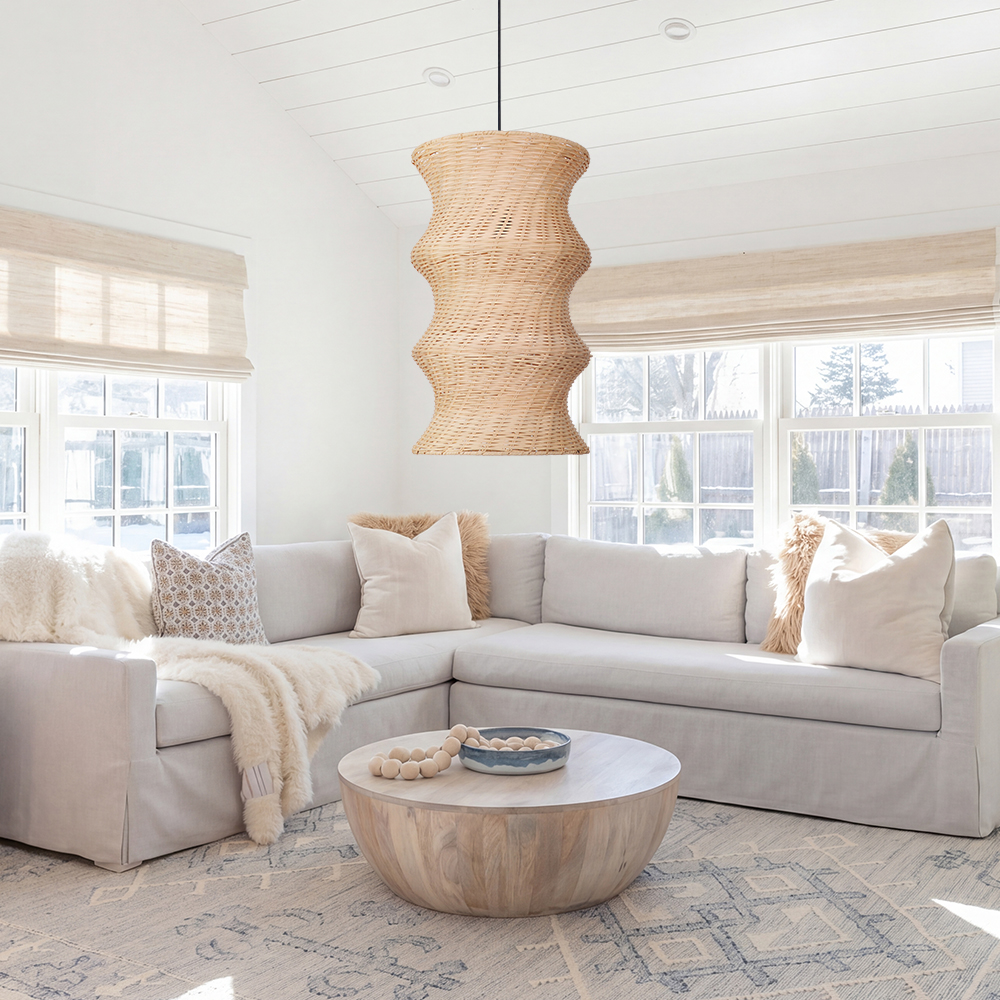 Natural Woven Rattan Wave Pendant Light Curved Wabi-sabi Hanging Lamp