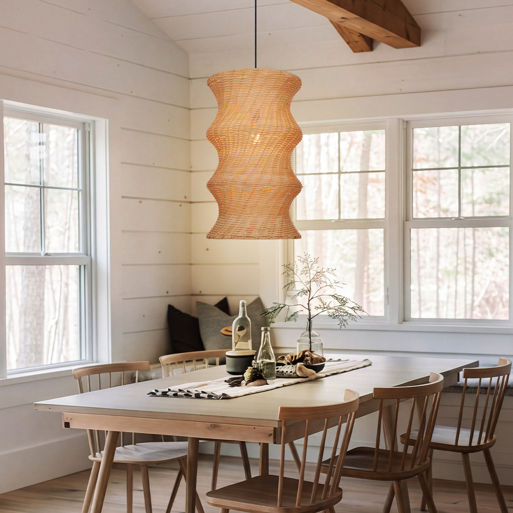 Natural Woven Rattan Wave Pendant Light Curved Wabi-sabi Hanging Lamp