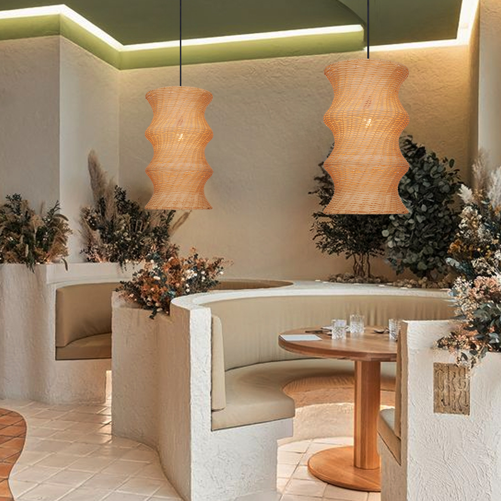 Natural Woven Rattan Wave Pendant Light Curved Wabi-sabi Hanging Lamp