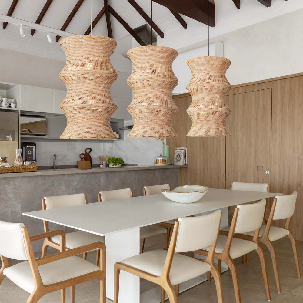 Natural Woven Rattan Wave Pendant Light Curved Wabi-sabi Hanging Lamp