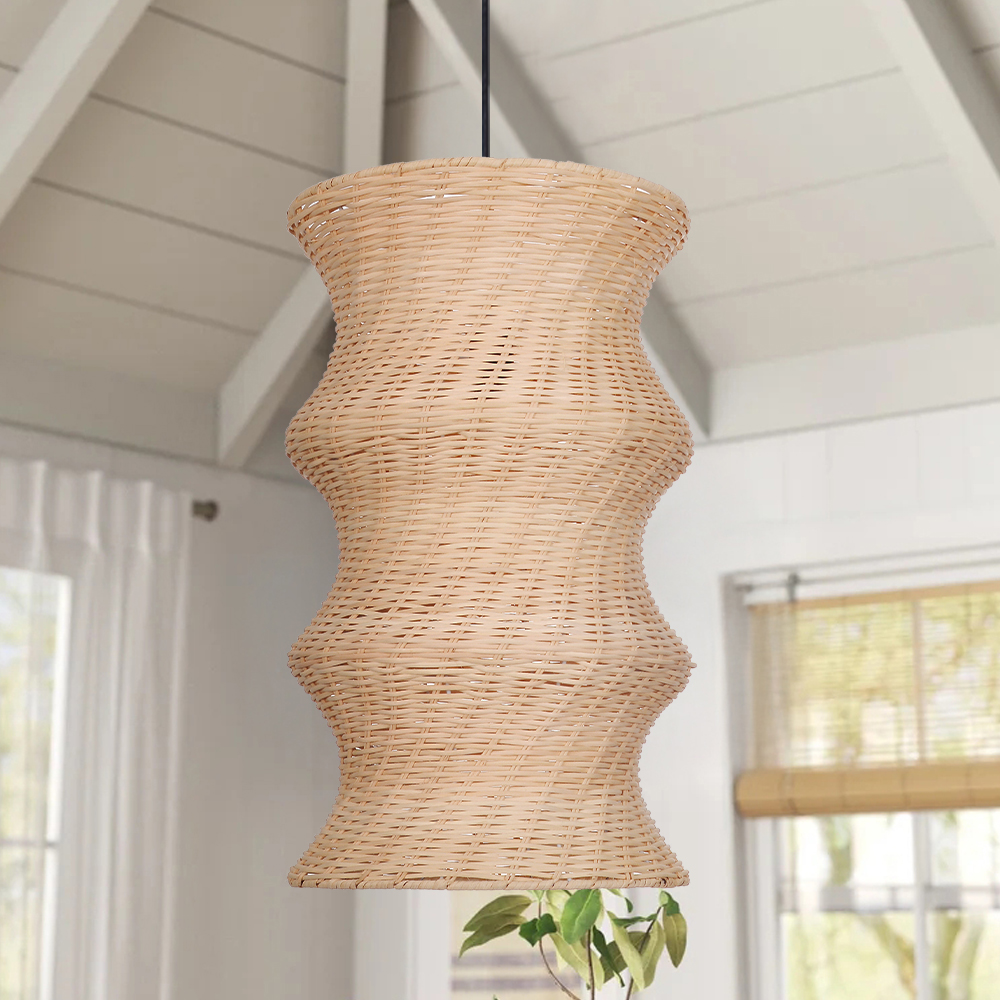 Natural Woven Rattan Wave Pendant Light Curved Wabi-sabi Hanging Lamp