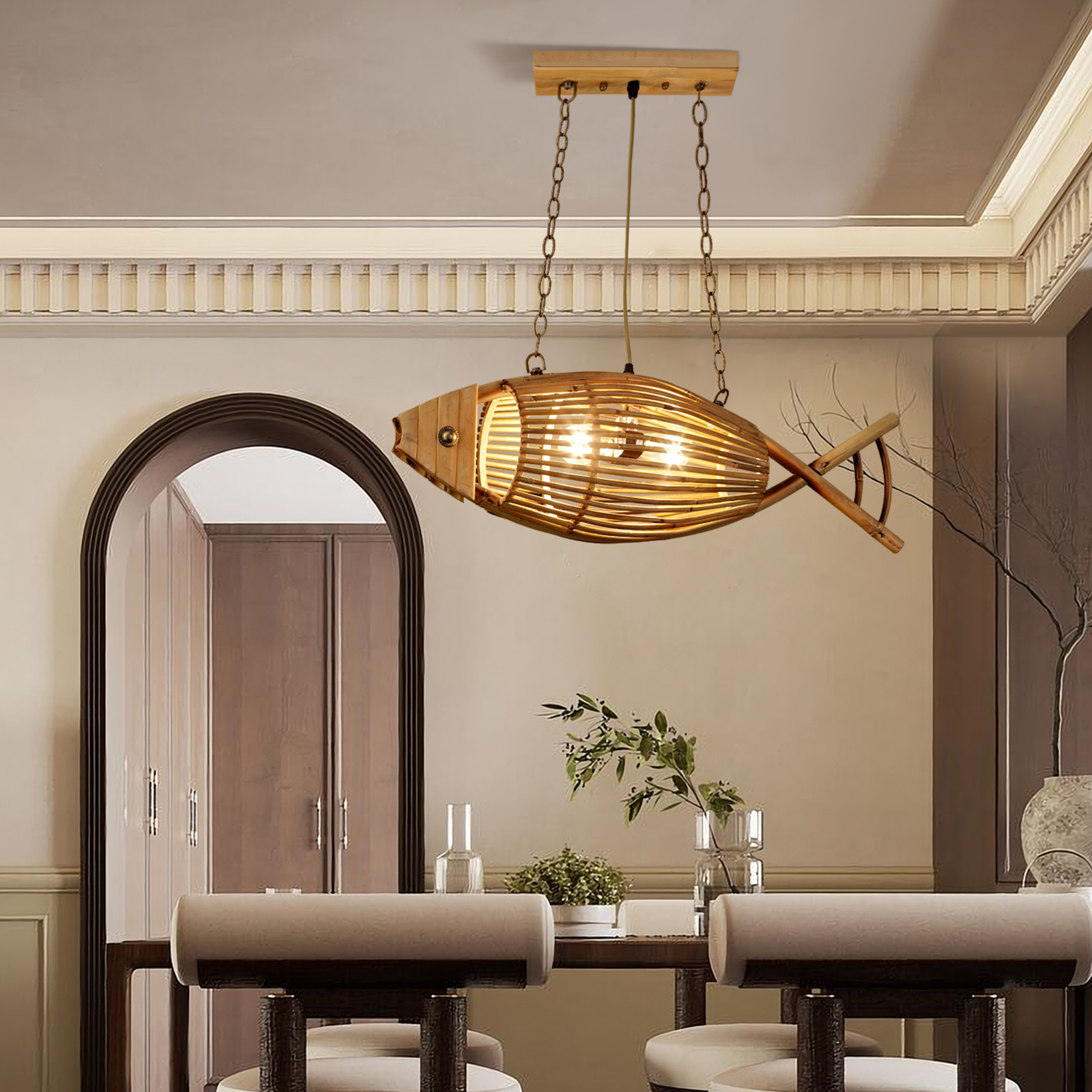 Handcrafted Rattan Fish Pendant Light Coastal Dining Room Living Room Hanging Chandelier