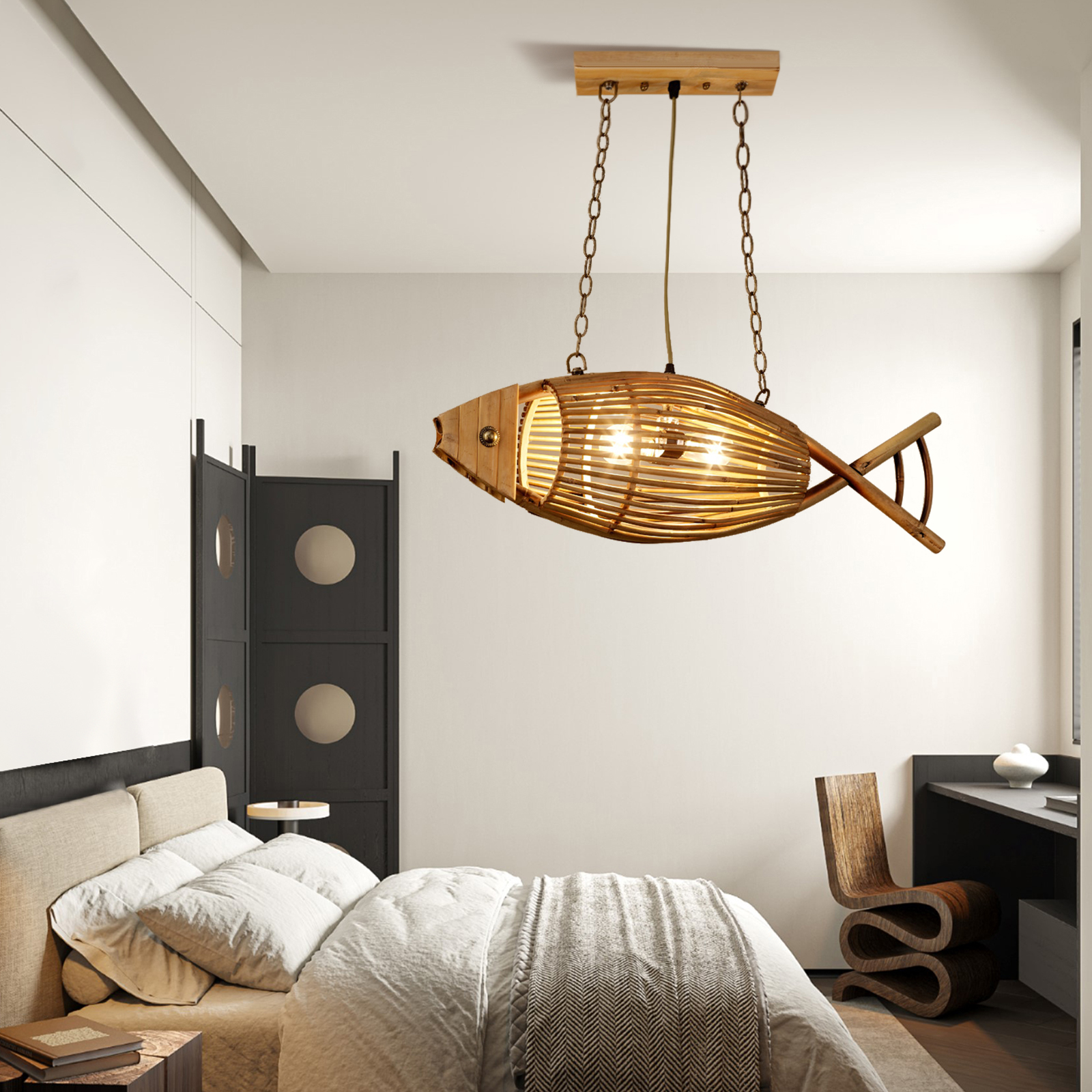 Handcrafted Rattan Fish Pendant Light Coastal Dining Room Living Room Hanging Chandelier