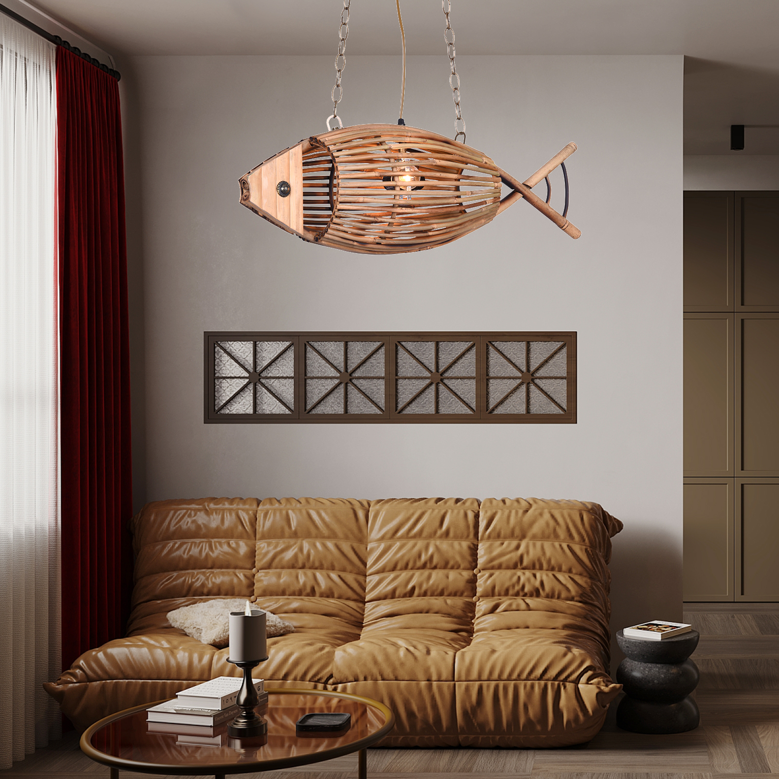Handcrafted Rattan Fish Pendant Light Coastal Dining Room Living Room Hanging Chandelier