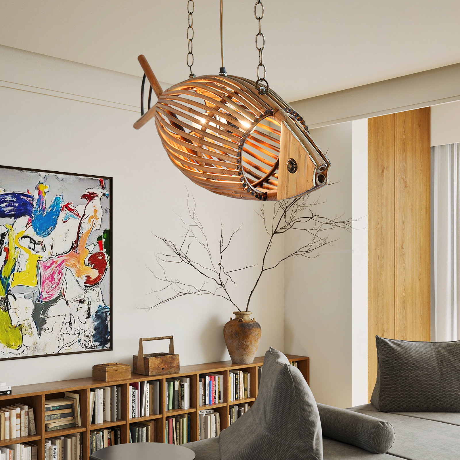 Handcrafted Rattan Fish Pendant Light Coastal Dining Room Living Room Hanging Chandelier