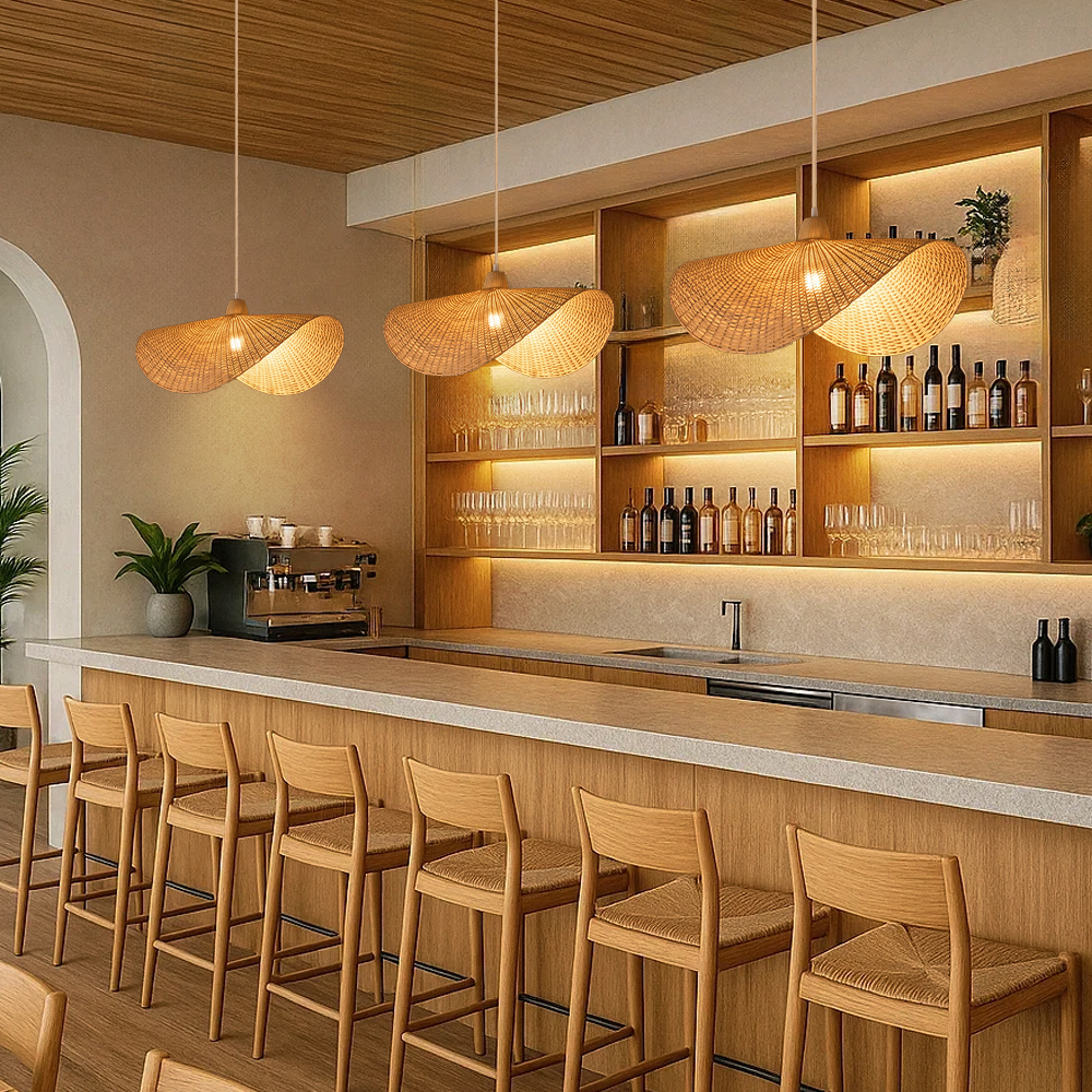 Japanese-style Woven Bamboo Sunhat Pendant Light for Restaurants or Dining Room