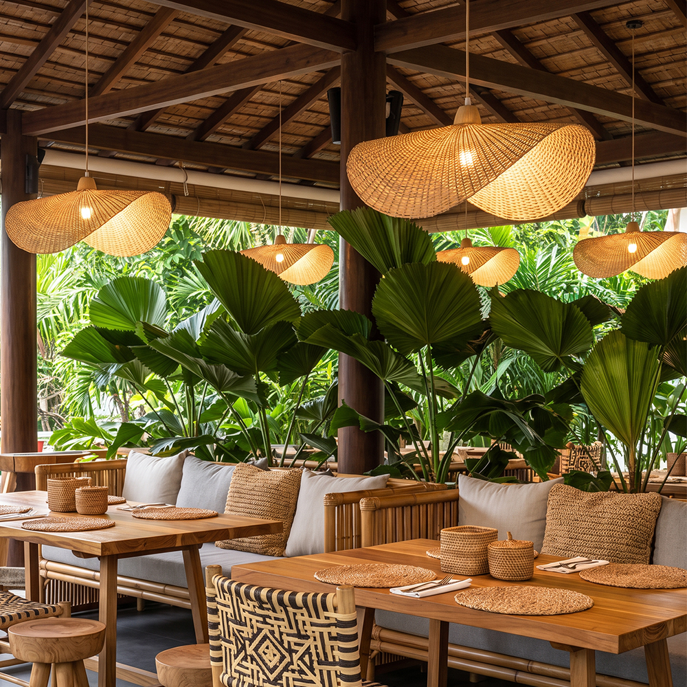 Japanese-style Woven Bamboo Sunhat Pendant Light for Restaurants or Dining Room