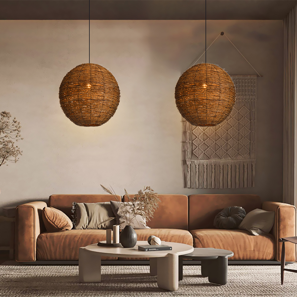 COCOL Vintage Bamboo Pendant Light - Handwoven Rattan Chandelier, Adjustable 45cm, E27 Bulb Compatible
